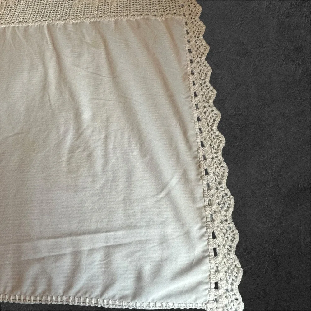 Vintage‎ White/Cream Crochet Panel Tablecloth Lace Edge Cottage Farmhouse 54x80